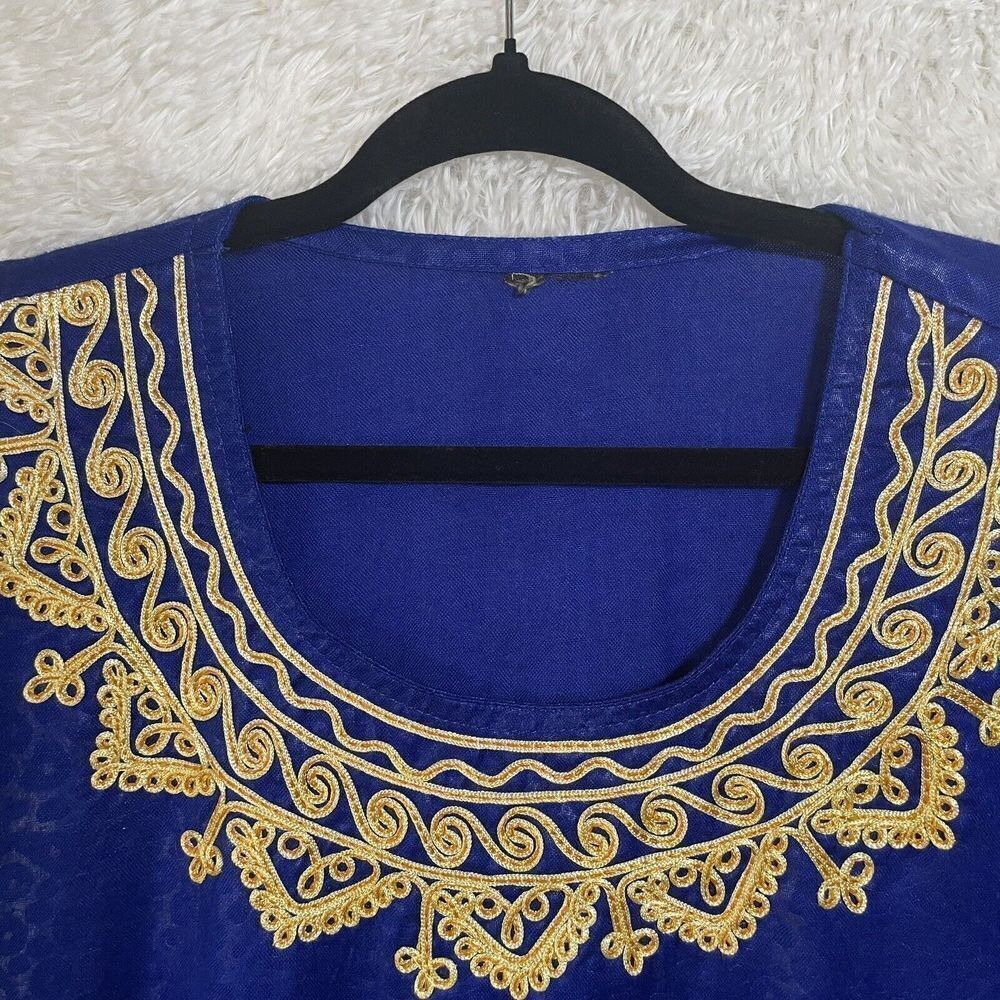 Vintage Embroidered Kaftan Kurti Royal Blue With Gold Scoop Neck - Picture 2 of 14